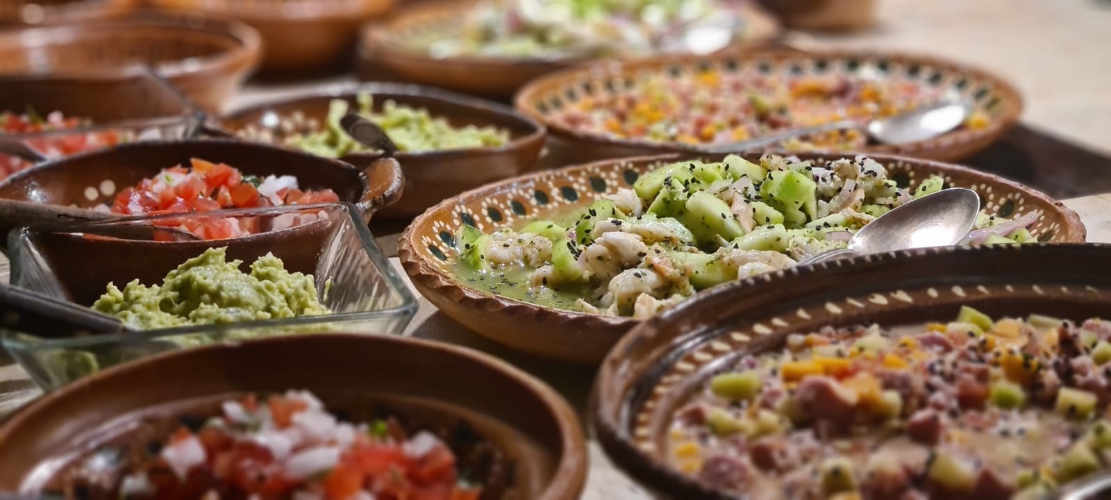 Regional Mexican dishes in clay bowls: ceviche, guacamole and pico de gallo at the Awakening Beach House