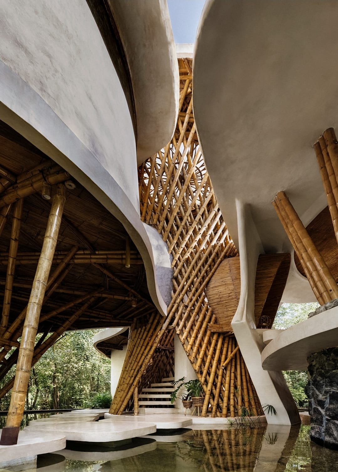 Interior view of the curved bamboo architecture at the Awakening Sanctuary