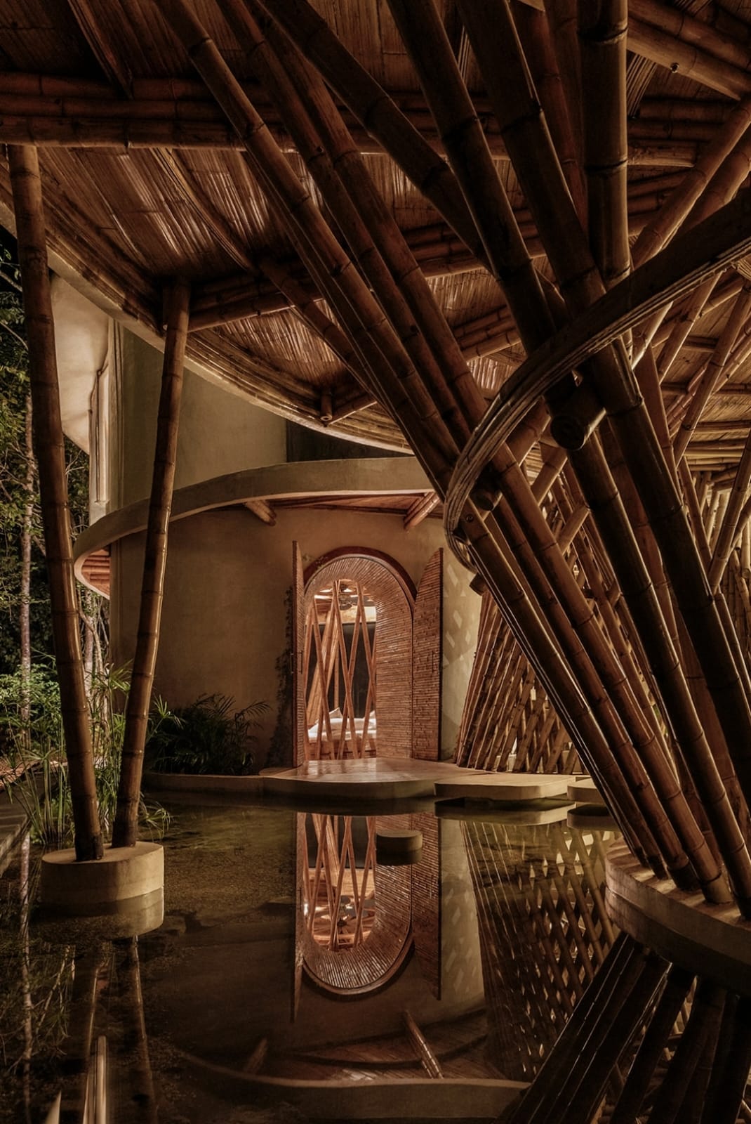 Courtyard with reflecting pool and bamboo roof at the Awakening Sanctuary