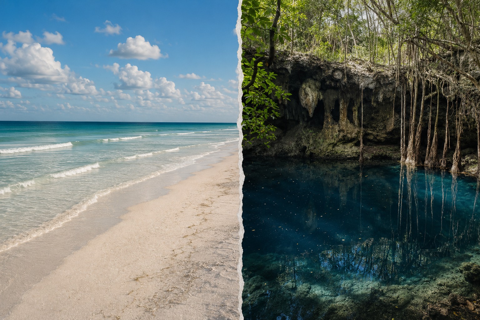 Boxing camp Mexico — beach on the Gulf of Mexico and cenote lagoon