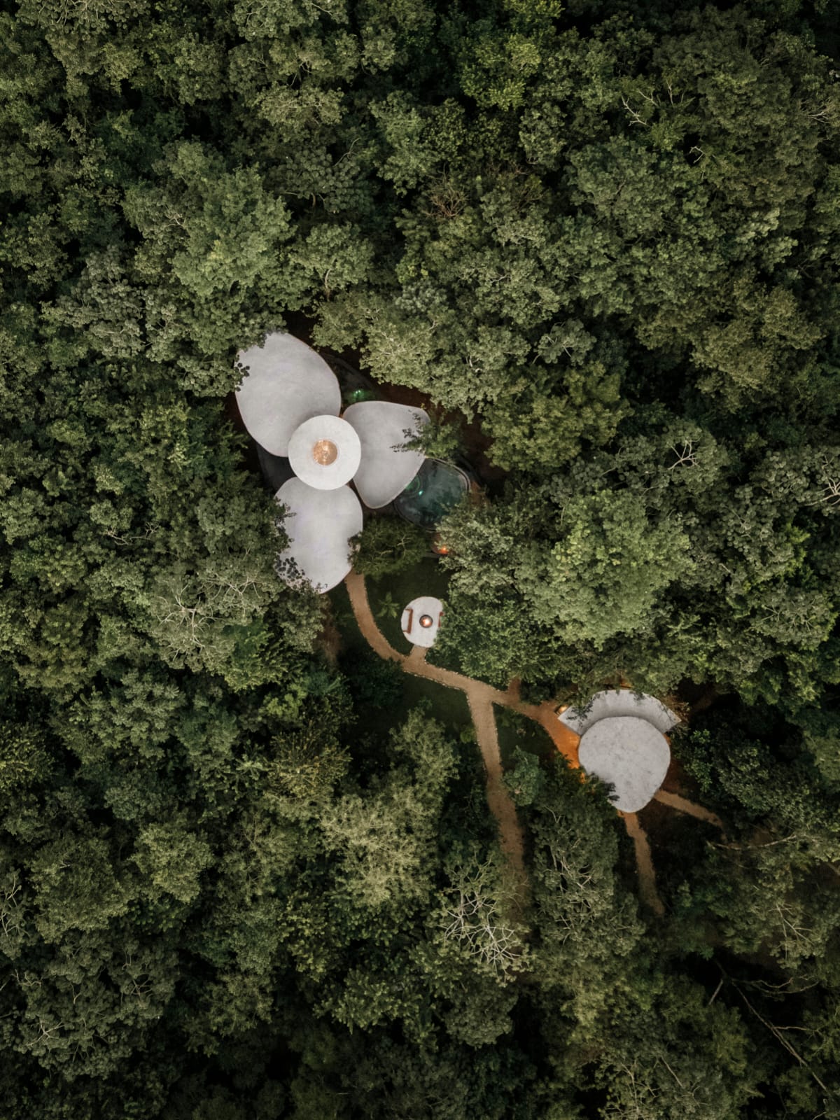 Top-down aerial view of the Awakening Sanctuary with curved roofs in the middle of the jungle